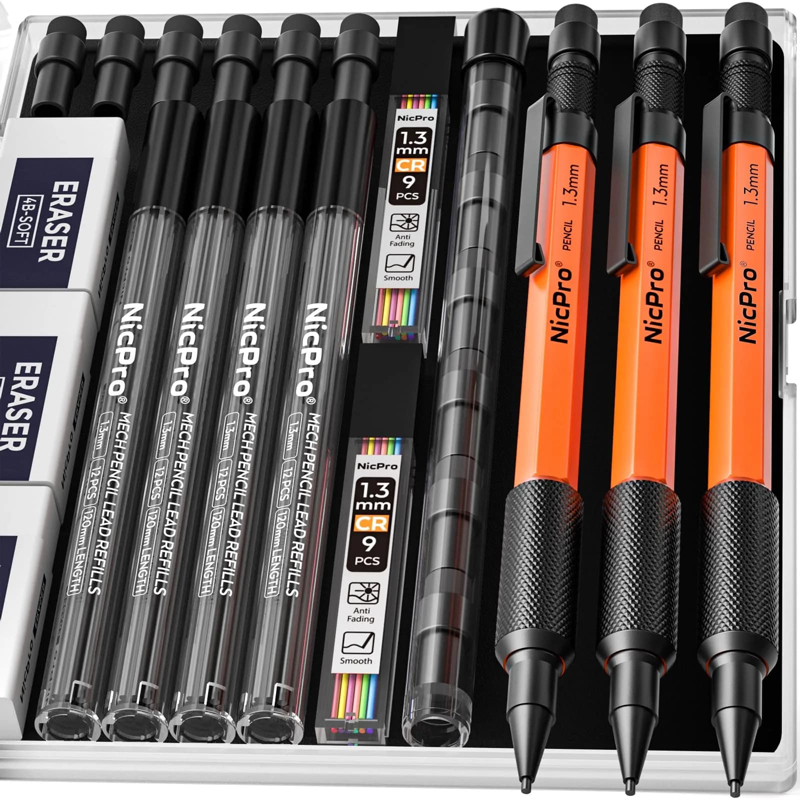 Nicpro 1.3mm Mechanical Pencils Set (3 Pack, Orange) | 3 Pencils, 66 Lead Refills, 3 Erasers - main product image