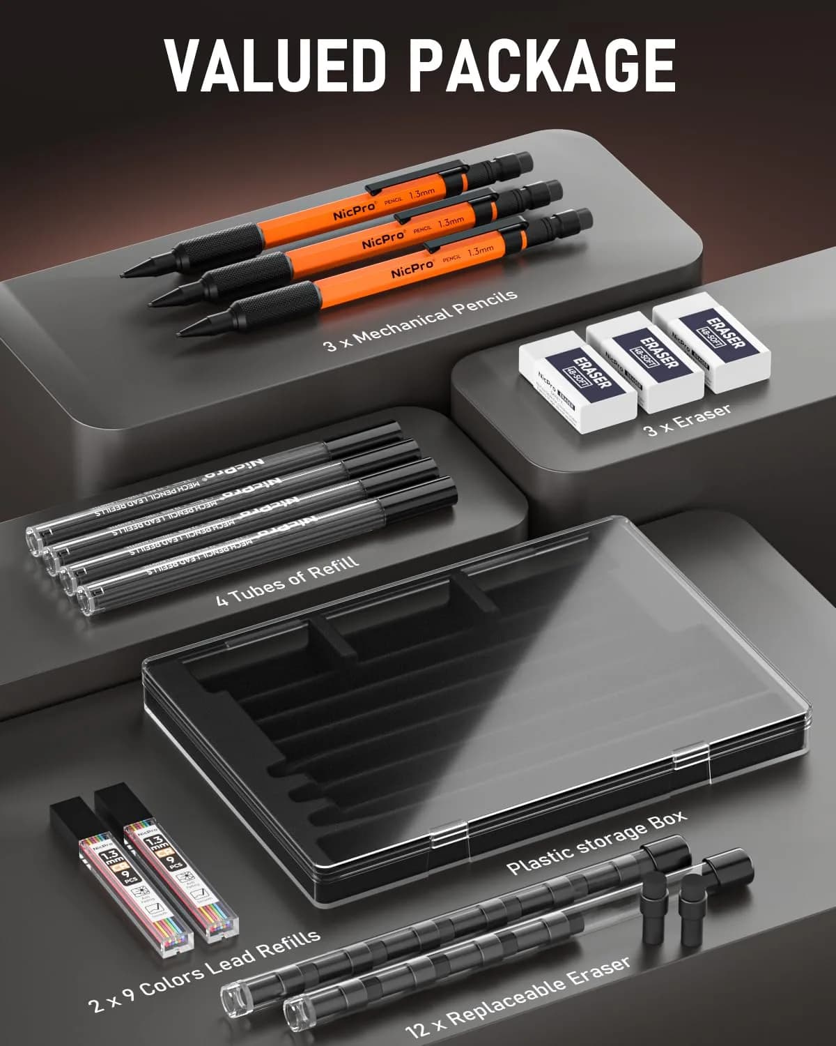 Nicpro 1.3mm Mechanical Pencils Set (3 Pack, Orange) | 3 Pencils, 66 Lead Refills, 3 Erasers - view 5