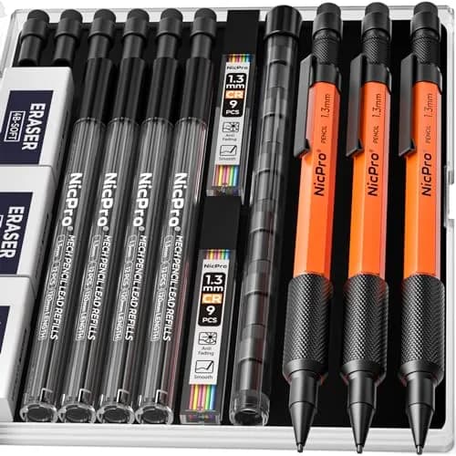 Nicpro 1.3mm Mechanical Pencils Set (3 Pack, Orange) | 3 Pencils, 66 Lead Refills, 3 Erasers thumbnail 1
