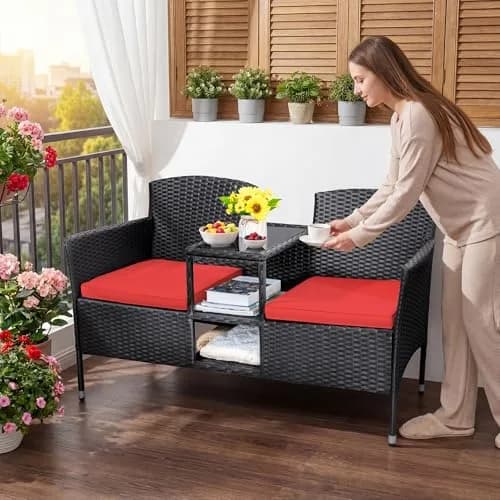 Devoko Outdoor Patio Loveseat Rattan 2-Seat Set, Red | Sturdy & Stylish for Indian Outdoors thumbnail 6