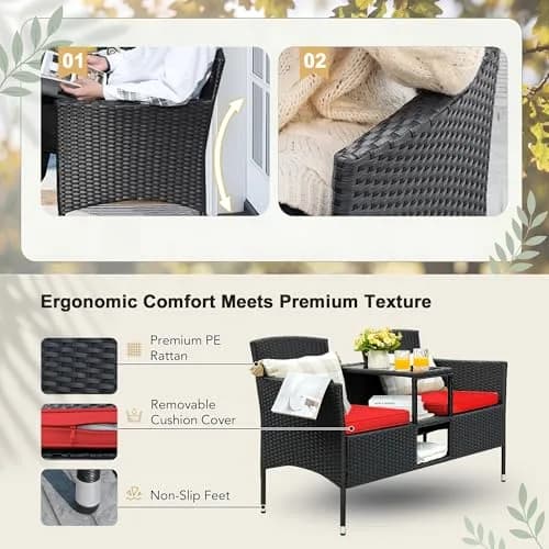 Devoko Outdoor Patio Loveseat Rattan 2-Seat Set, Red | Sturdy & Stylish for Indian Outdoors thumbnail 3