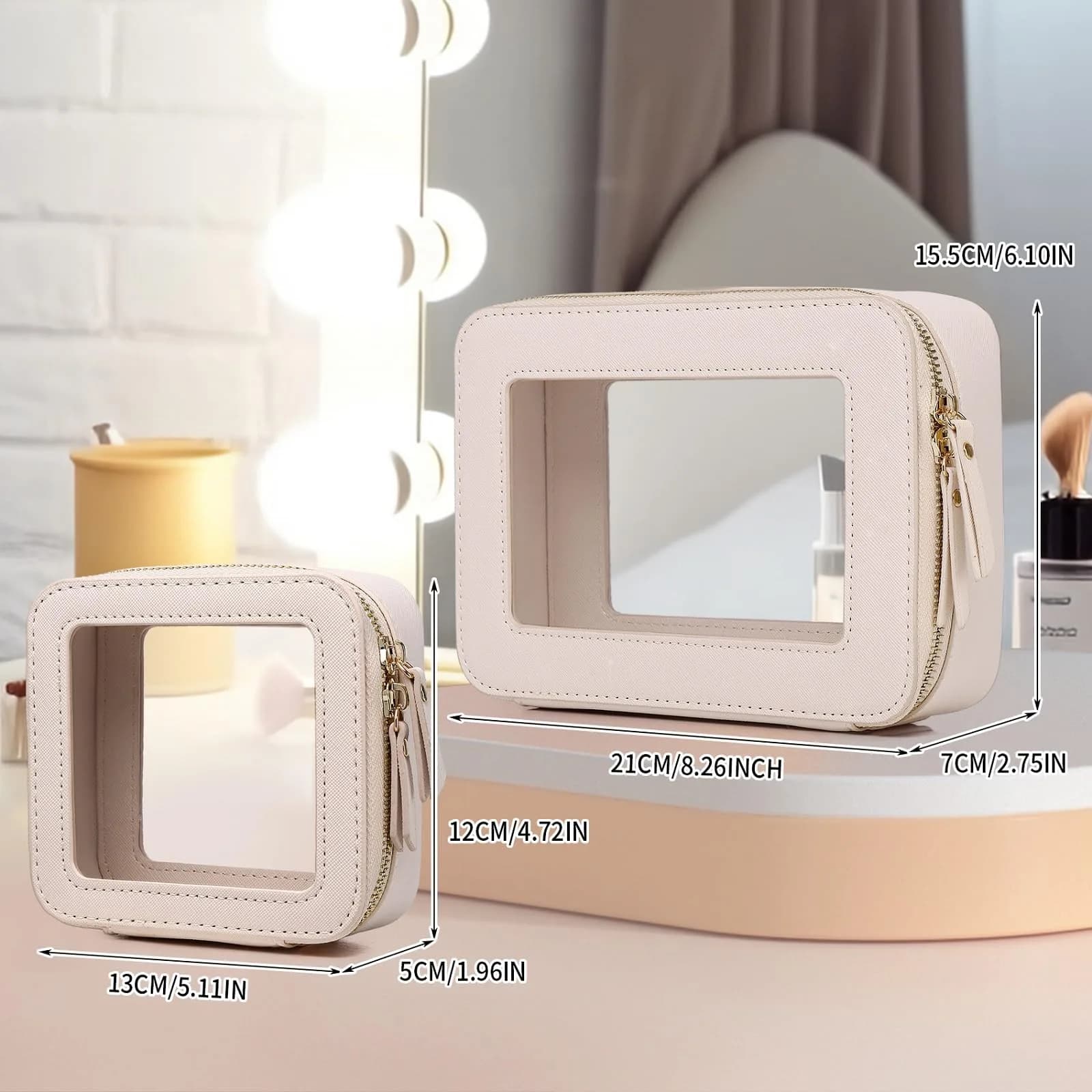 Pinkmik A4/Beige Clear Makeup Bag Set, Medium & Mini Sizes | TSA Approved Travel Cosmetic Case - view 4