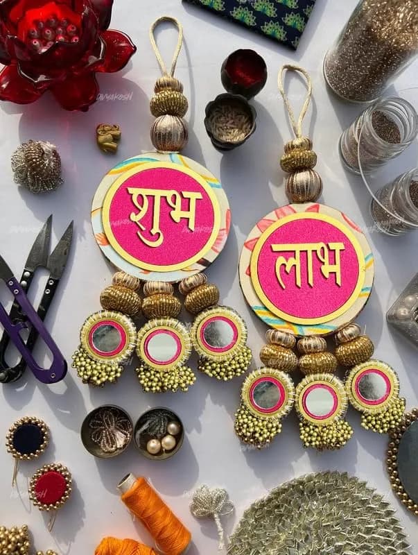 Divyakosh Shubh Labh Door Hanging (2 Pcs) | Handcrafted Indian Decor for Entrance | Bright Pink thumbnail 2