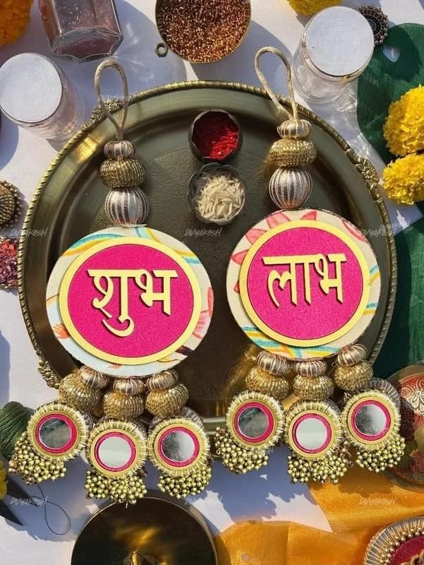 Divyakosh Shubh Labh Door Hanging (2 Pcs) | Handcrafted Indian Decor for Entrance | Bright Pink thumbnail 4