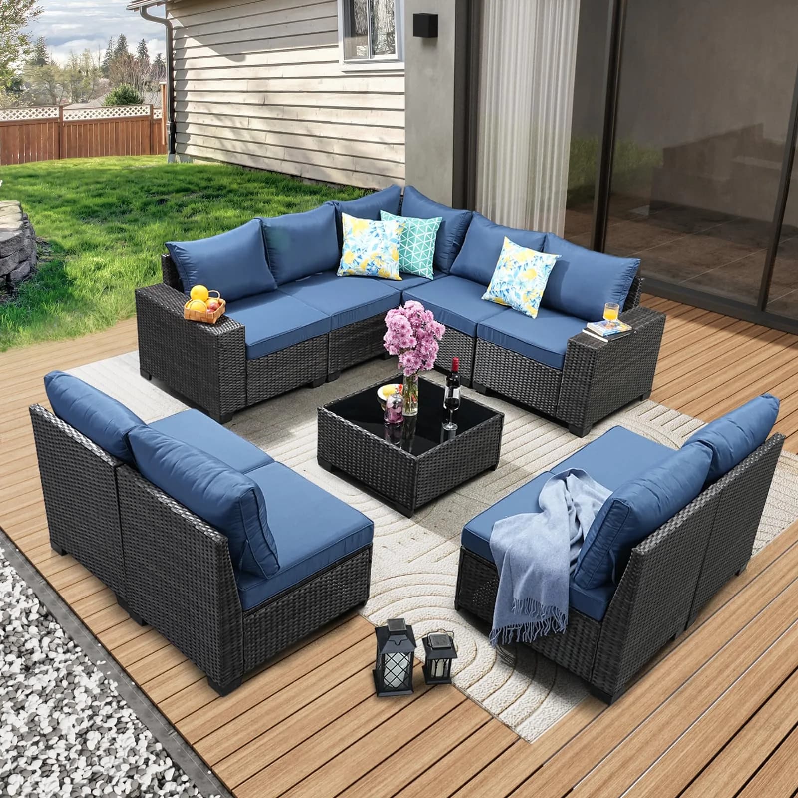JOYURE 7 Pieces Patio Furniture Set Beige | All-Weather Rattan Outdoor Seating (109 inches) — Navy / 10 pieces set