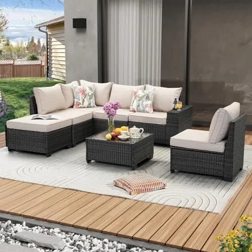 JOYURE 7 Pieces Patio Furniture Set Beige | All-Weather Rattan Outdoor Seating (109 inches) thumbnail 1