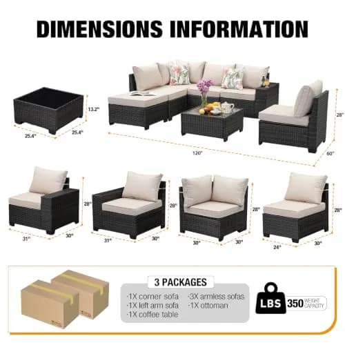JOYURE 7 Pieces Patio Furniture Set Beige | All-Weather Rattan Outdoor Seating (109 inches) thumbnail 5