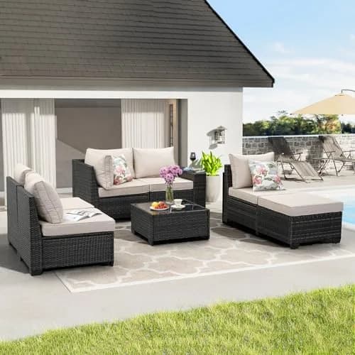 JOYURE 7 Pieces Patio Furniture Set Beige | All-Weather Rattan Outdoor Seating (109 inches) thumbnail 8