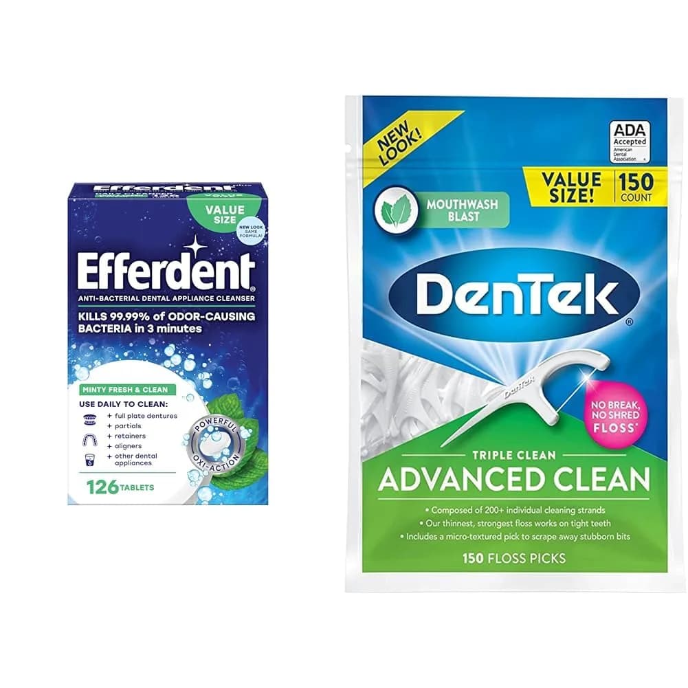 Efferdent Retainer Cleaning Tablets & DenTek Floss Picks 150 Count | Kills 99.99% Bacteria - main product image