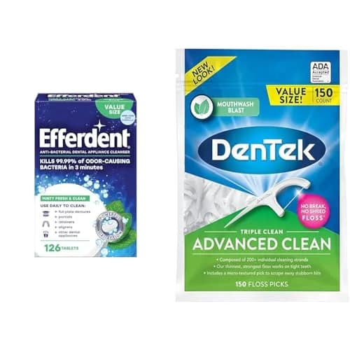 Efferdent Retainer Cleaning Tablets & DenTek Floss Picks 150 Count | Kills 99.99% Bacteria thumbnail 1