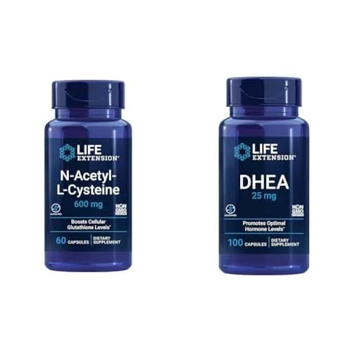 Life Extension N-Acetyl-L-Cysteine (NAC) 600 mg & DHEA 25 mg | Immune, Respiratory, Hormone Balance Support | 60 Capsules thumbnail 1