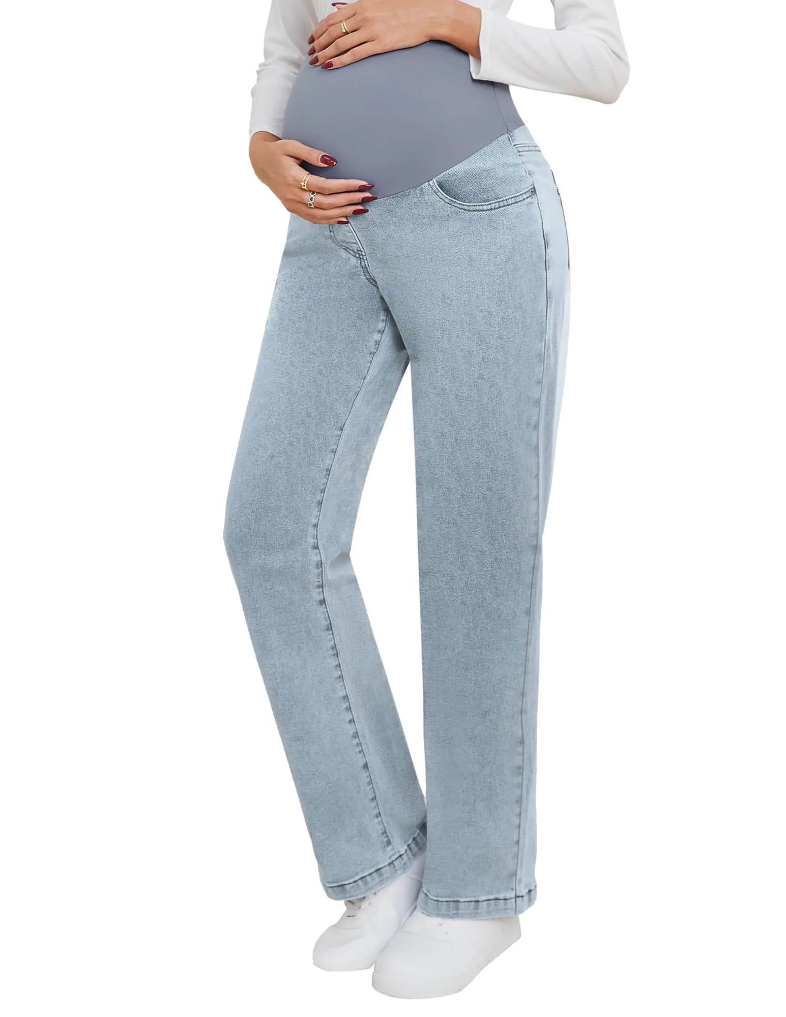 fitglam Maternity Jeans Straight Leg Relaxed Fit Over Belly Pregnancy Denim Work Pants Light Blue Medium | Comfortable Stretch Denim