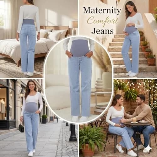 fitglam Maternity Jeans Straight Leg Relaxed Fit Over Belly Pregnancy Denim Work Pants Light Blue Medium | Comfortable Stretch Denim thumbnail 4