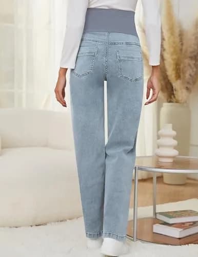 fitglam Maternity Jeans Straight Leg Relaxed Fit Over Belly Pregnancy Denim Work Pants Light Blue Medium | Comfortable Stretch Denim thumbnail 8
