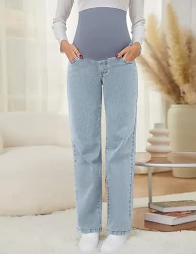 fitglam Maternity Jeans Straight Leg Relaxed Fit Over Belly Pregnancy Denim Work Pants Light Blue Medium | Comfortable Stretch Denim thumbnail 3