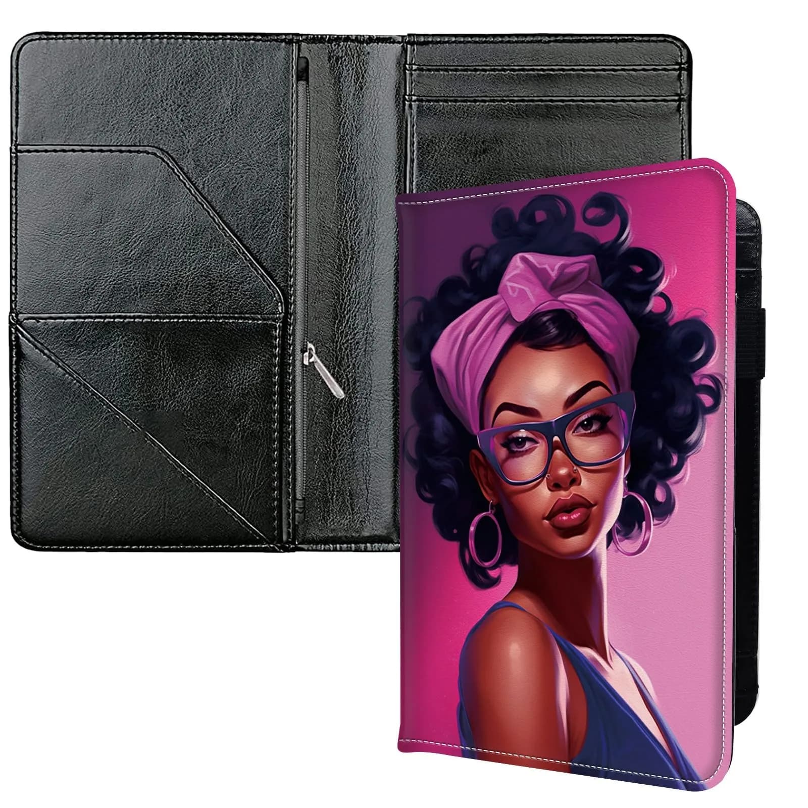 JANENFNA Server Books for Waitress with 7 Large Pockets | Waterproof PU Leather Organizer (7.5in x 5in) — Blackgirl with Glasses