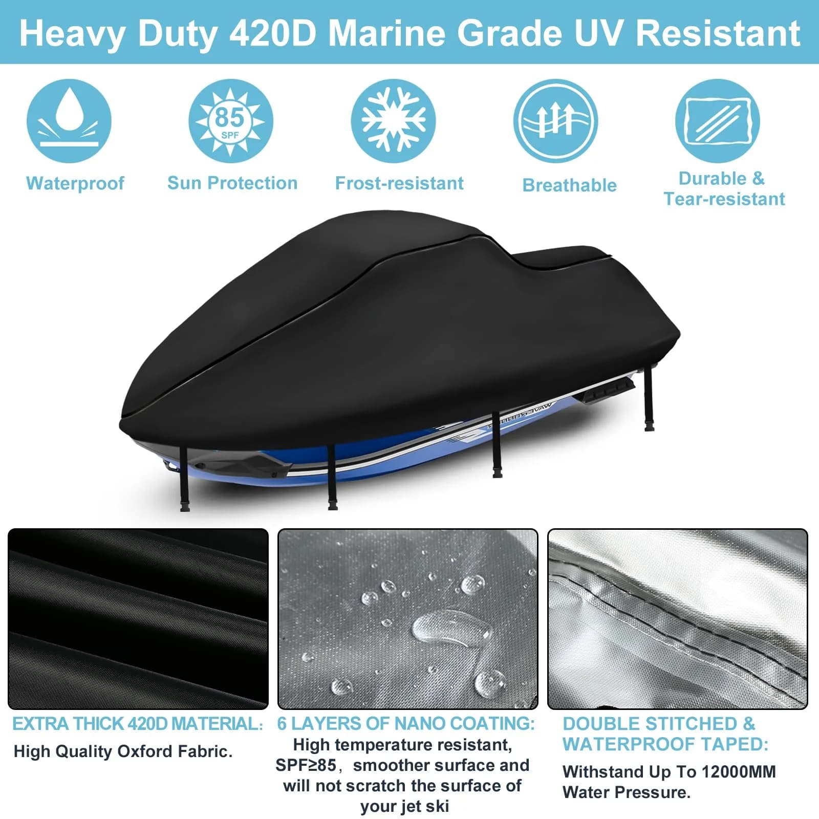 SRIMMIT Heavy Duty Jet Ski Cover 3 Seater 360cm (142") | Waterproof, UV Resistant, Black - view 3