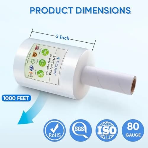 TICONN Clear Stretch Wrap Film Roll 1000ft x 5 Inch with Handles | Industrial Strength Pallet Wrap for Shipping & Moving thumbnail 4