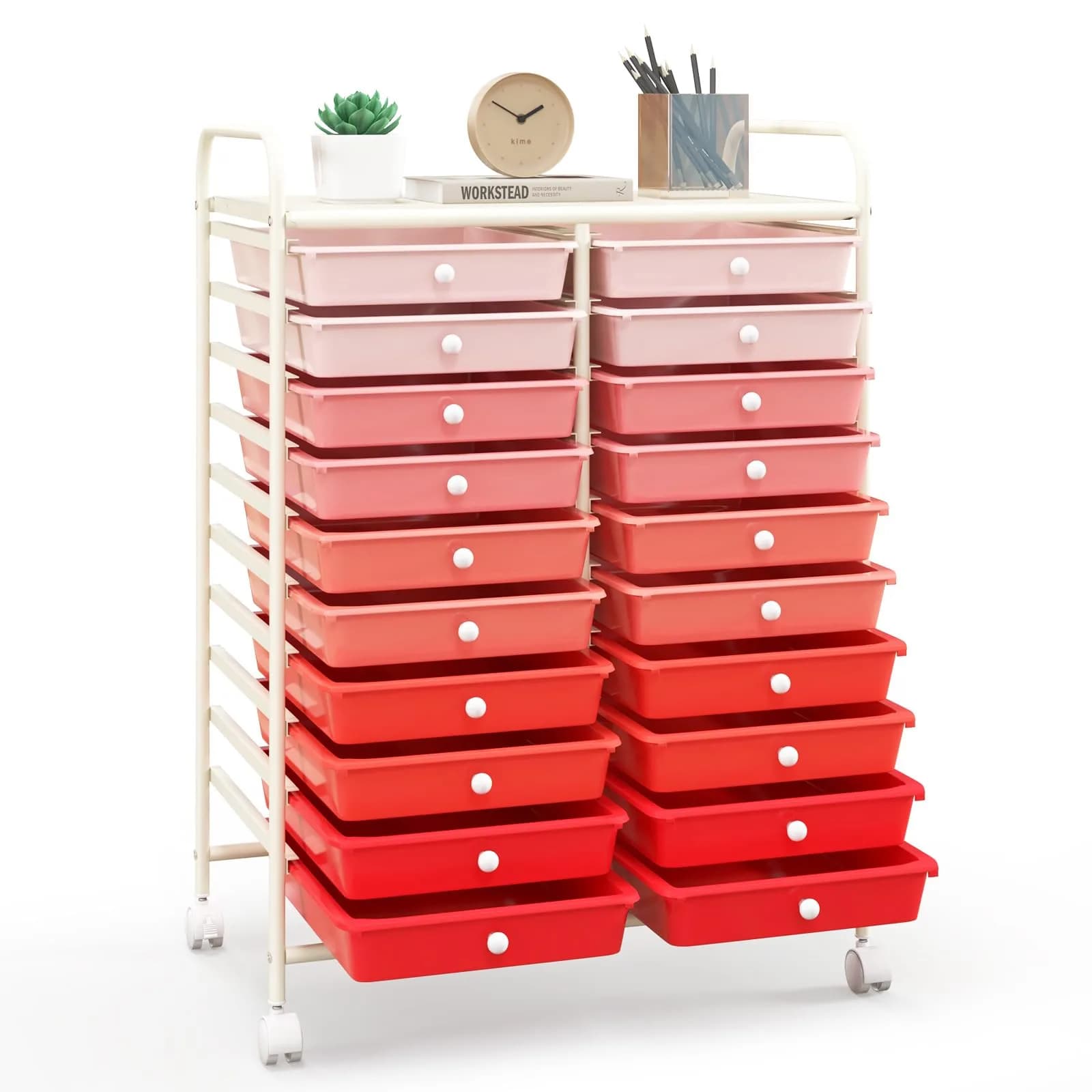 HAPPYGRILL 20-Drawer Organizer Cart Tools | Mobile Utility Storage with Lockable Wheels (Gradient Pink) | 25x15x35 inches — Pink Gradient