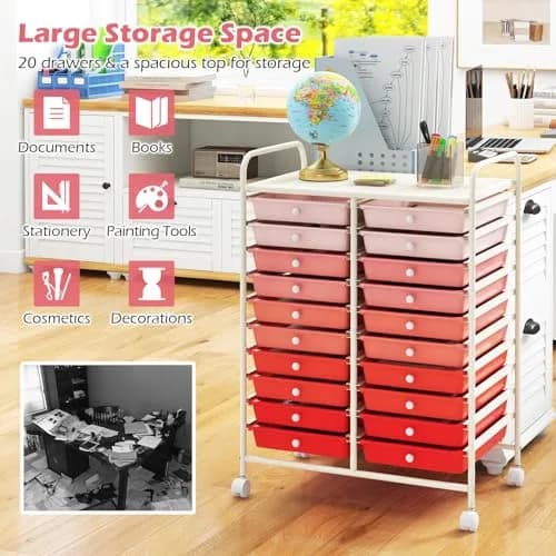 HAPPYGRILL 20-Drawer Organizer Cart Tools | Mobile Utility Storage with Lockable Wheels (Gradient Pink) | 25x15x35 inches thumbnail 4
