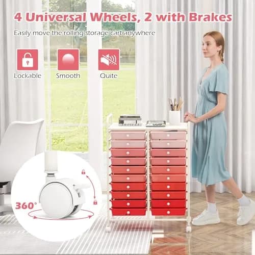 HAPPYGRILL 20-Drawer Organizer Cart Tools | Mobile Utility Storage with Lockable Wheels (Gradient Pink) | 25x15x35 inches thumbnail 5