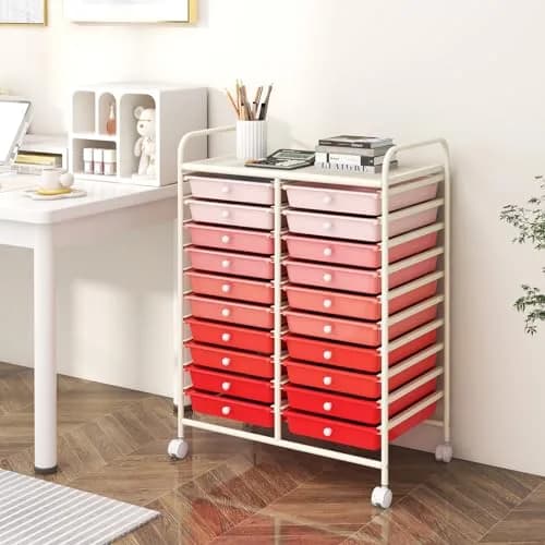 HAPPYGRILL 20-Drawer Organizer Cart Tools | Mobile Utility Storage with Lockable Wheels (Gradient Pink) | 25x15x35 inches thumbnail 2