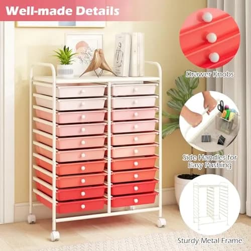 HAPPYGRILL 20-Drawer Organizer Cart Tools | Mobile Utility Storage with Lockable Wheels (Gradient Pink) | 25x15x35 inches thumbnail 3