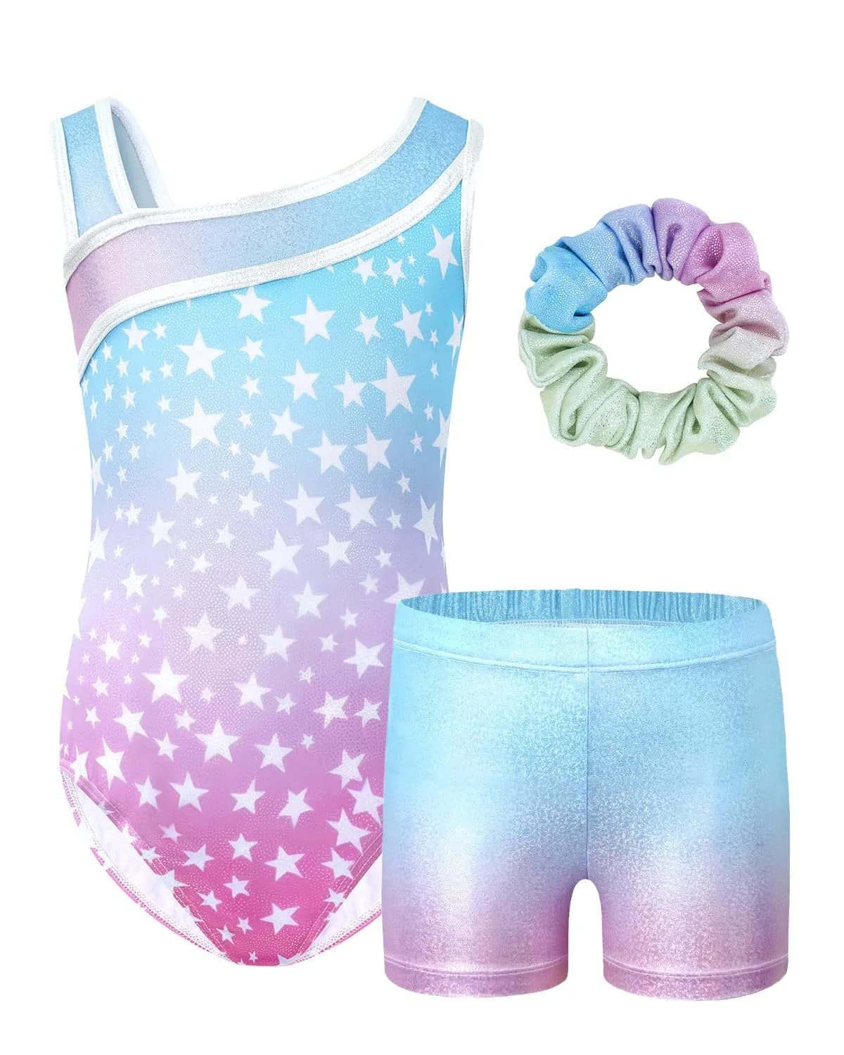 JiAmy Girls Gymnastics Leotards 3 Pcs Sleeveless Sparkly Dance Unitards Set (Size 9-10 Years, Gradient Blue Stars) - main product image