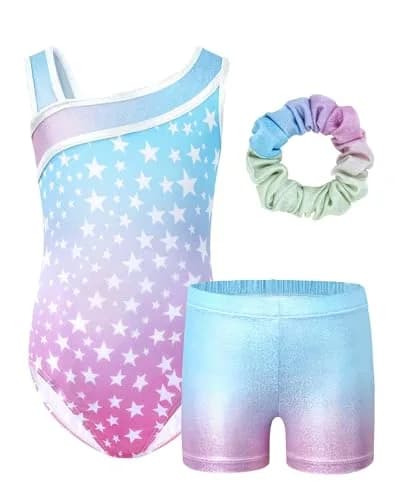 JiAmy Girls Gymnastics Leotards 3 Pcs Sleeveless Sparkly Dance Unitards Set (Size 9-10 Years, Gradient Blue Stars) thumbnail 1