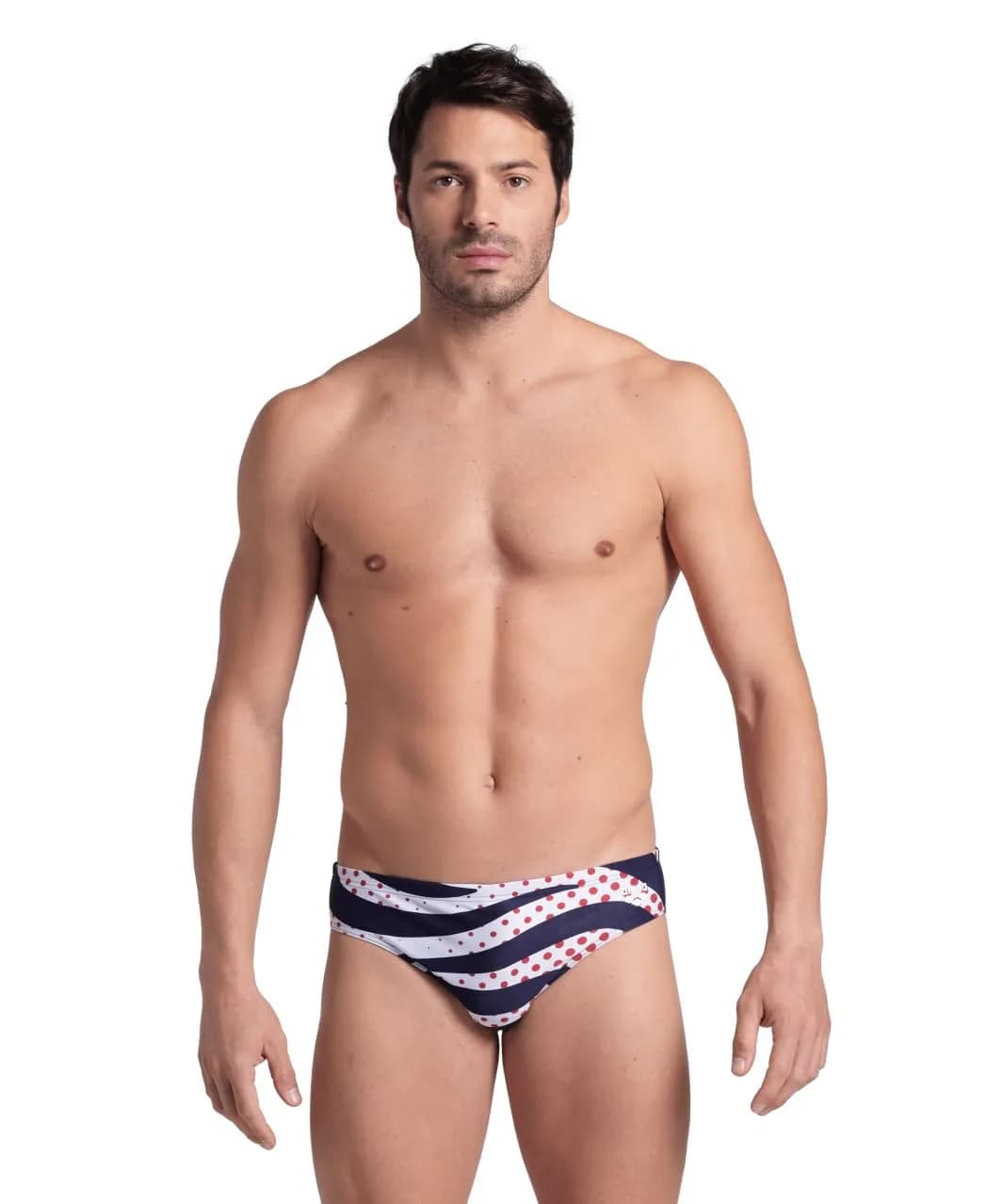 ARENA Performance Men's Multi Stripes Swim Brief Chlorine Resistant MaxLife Swimsuit, US Size 34 | Durable, Eco-Friendly Pool Wear — Navy/Multi