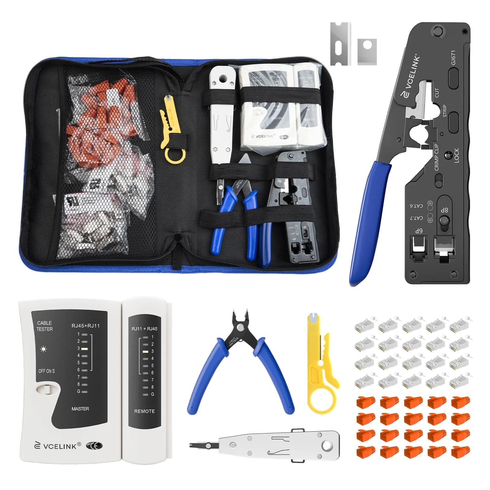 VCELINK RJ45 Crimp Tool Kit with Punch Down Tool & Tester | 43-Piece Network Cable Installation Set — Kit with Punch Down Tool