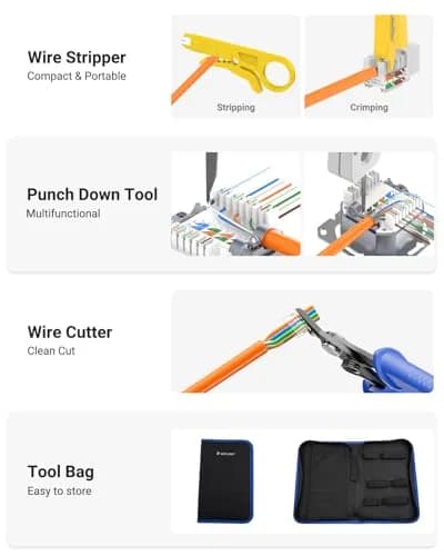 VCELINK RJ45 Crimp Tool Kit with Punch Down Tool & Tester | 43-Piece Network Cable Installation Set thumbnail 7
