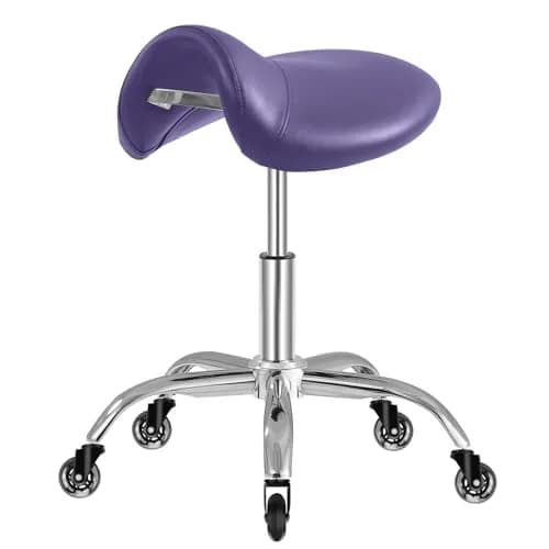 SALONFACTORY Purple Saddle Stool with Wheels | Heavy Duty 300 lbs Ergonomic Seat for Salon & Medical Use thumbnail 1