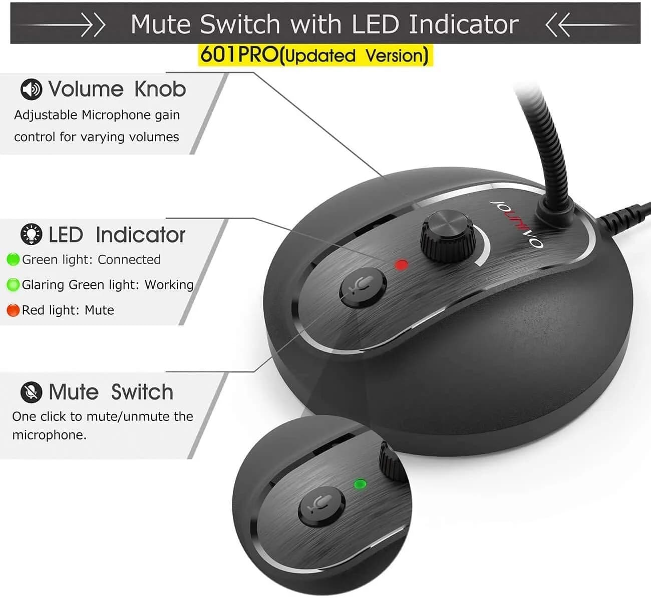 JOUNIVO JV-601Pro USB Computer Microphone with Mute Button & LED Indicator | 180cm (6ft) Cable - view 2