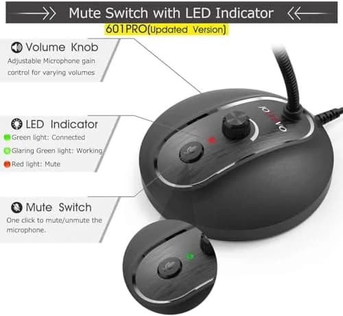 JOUNIVO JV-601Pro USB Computer Microphone with Mute Button & LED Indicator | 180cm (6ft) Cable thumbnail 2