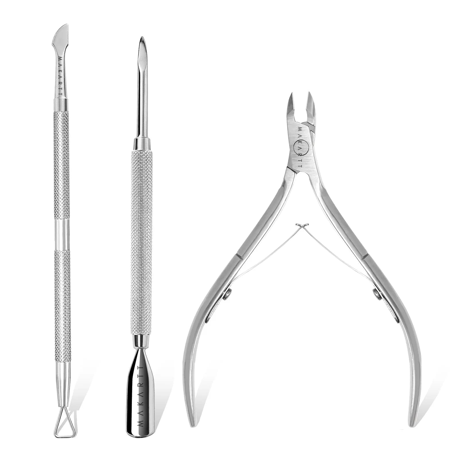 Makartt Pink Cuticle Trimmer Set with 2 Pushers, Nail Clipper & Nipper | Professional Stainless Steel Manicure Tools for Precise Nail Prep — Silver