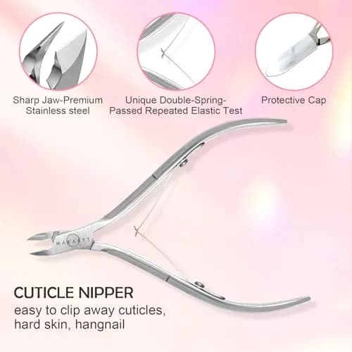 Makartt Silver Cuticle Nipper Set with 2 Pushers | Stainless Steel, Full Jaw, Ergonomic Handle thumbnail 2