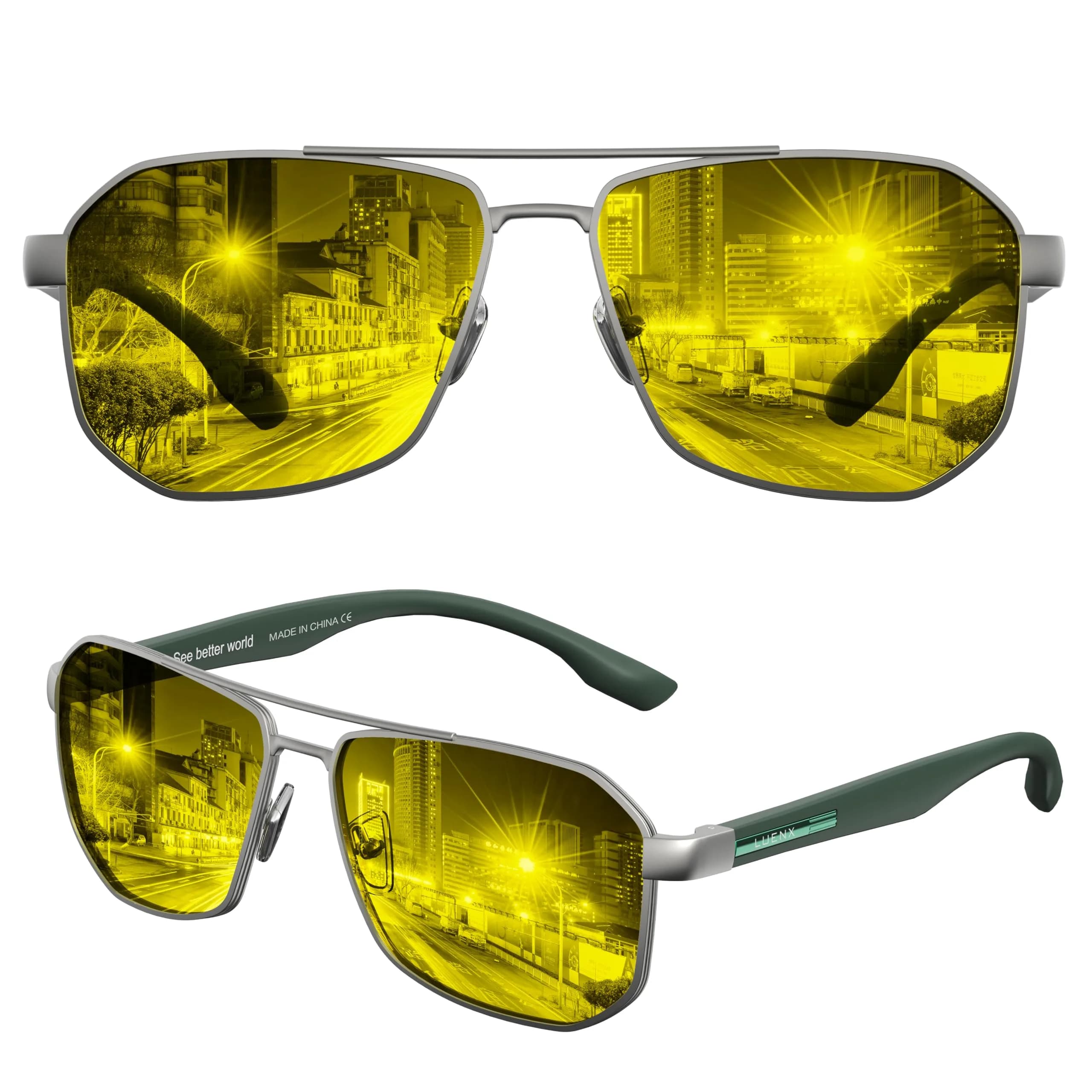 Luenx Square Aviator Sunglasses for Men - 61mm Lens Width, Gradient Black Brown | Polarized UV400 Protection — Night Driving Glasses-yellow Lens