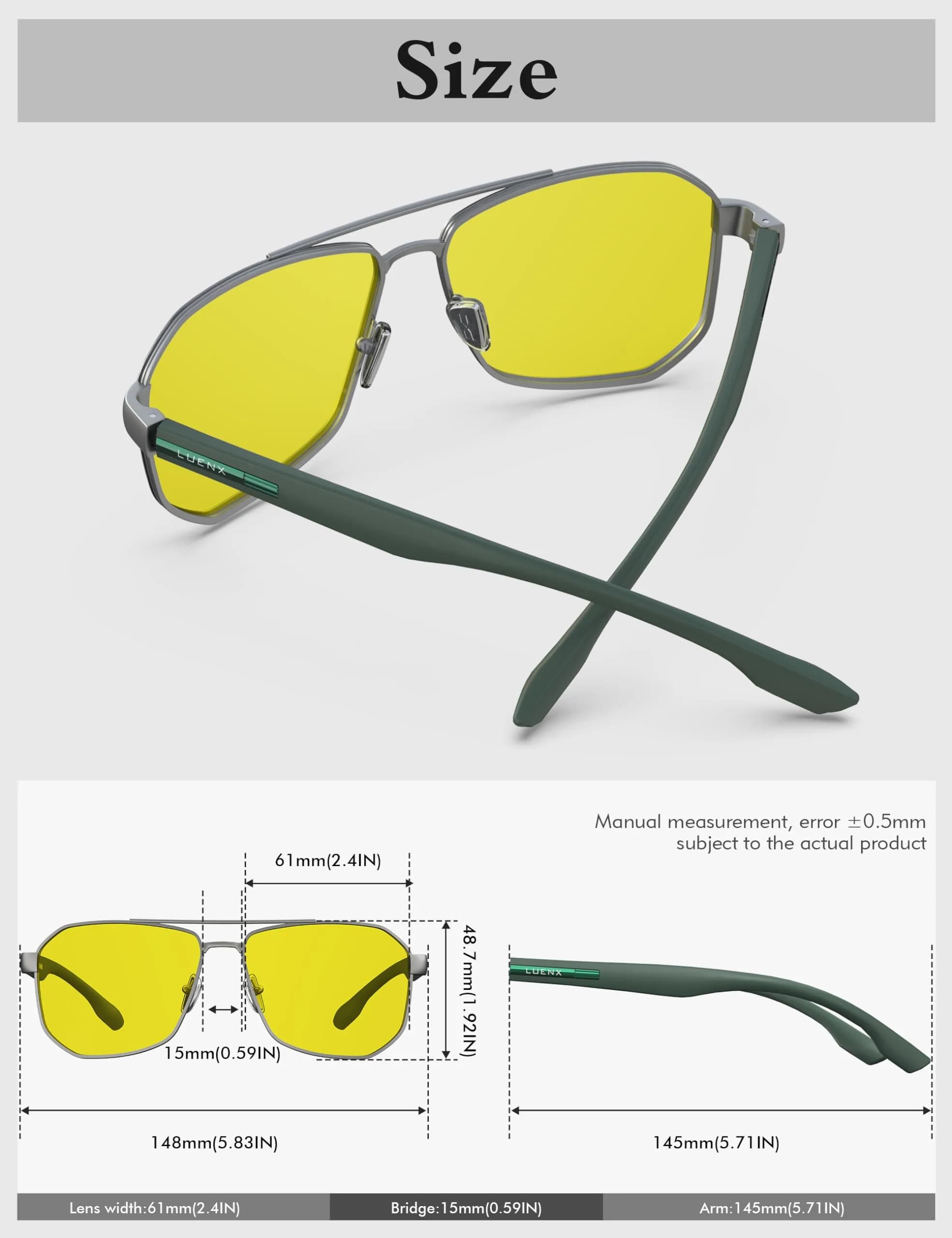 Luenx Night Vision Driving Glasses Yellow Lens Square Polarized Sunglasses 61mm (2.4 inches) | Reduce Glare & Enhance Clarity thumbnail 5