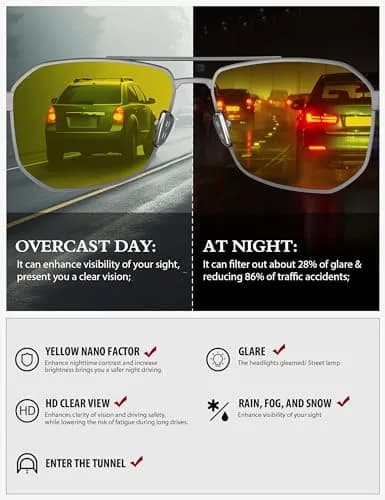 Luenx Night Vision Driving Glasses Yellow Lens Square Polarized Sunglasses 61mm (2.4 inches) | Reduce Glare & Enhance Clarity thumbnail 3
