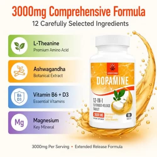 Kroppssund Dopamine Supplements with L-Theanine & Ashwagandha | 3000mg Per Serving, 90 Tablets (2 Bottle) thumbnail 3