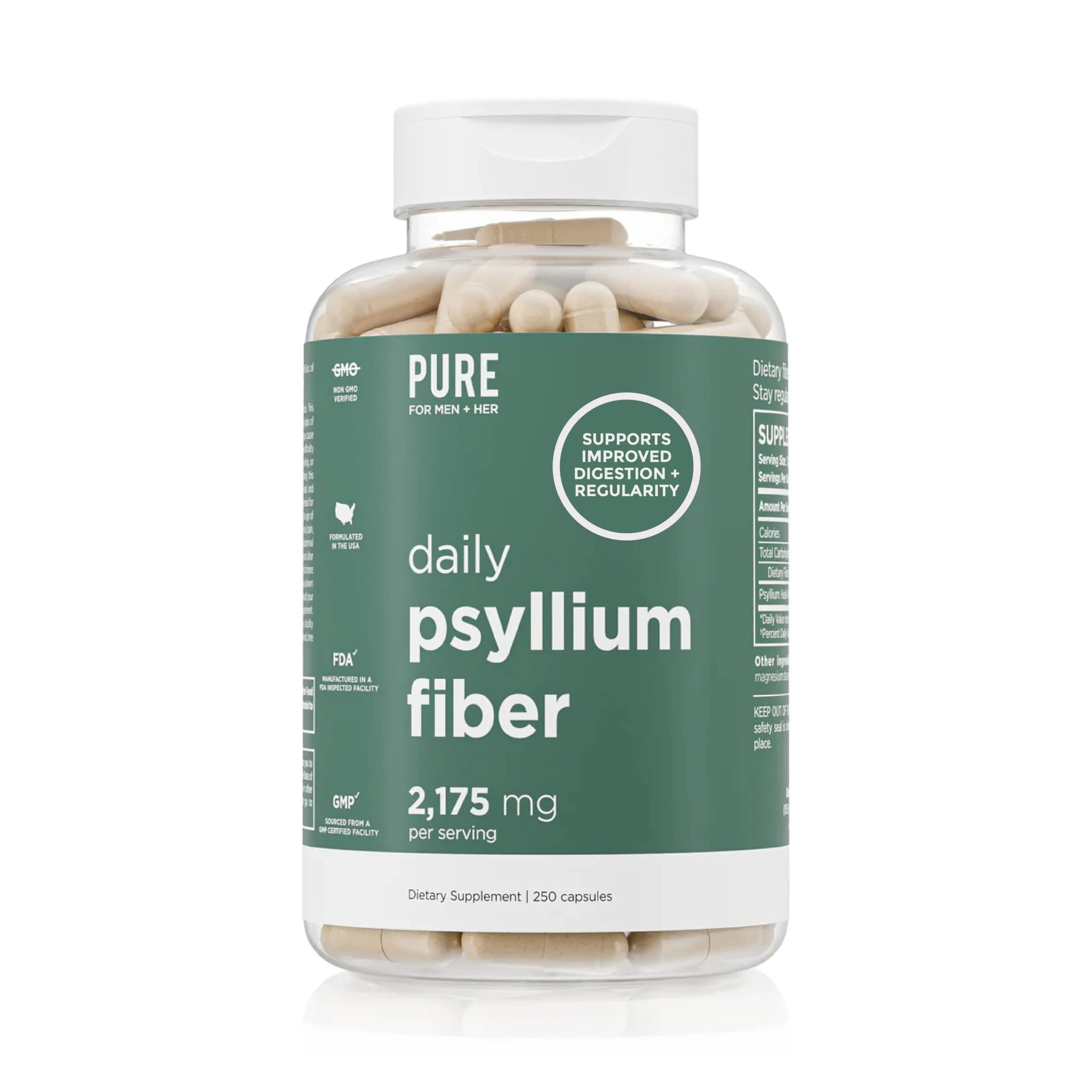 Pure for Men & Her Daily Psyllium Husk Fiber Supplement 250 Capsules | Digestive & Gut Health Support - main product image