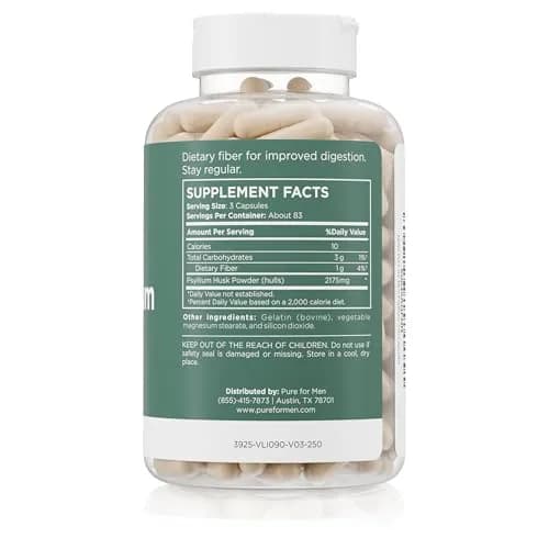 Pure for Men & Her Daily Psyllium Husk Fiber Supplement 250 Capsules | Digestive & Gut Health Support thumbnail 2