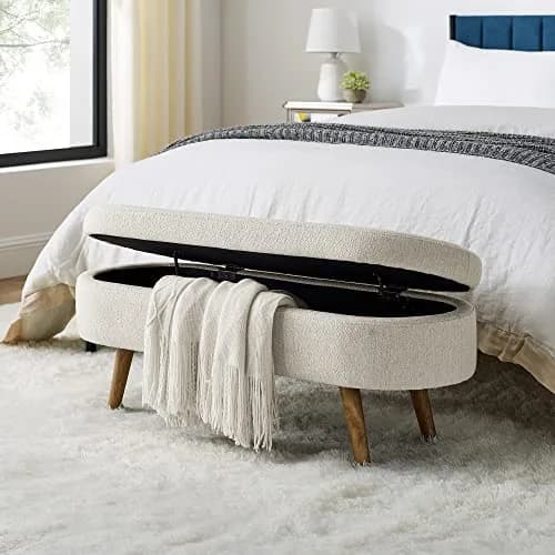 Acosure Upholstered Storage Ottoman with Rubber Wood Legs | Beige, 43.5x16x16 in thumbnail 1