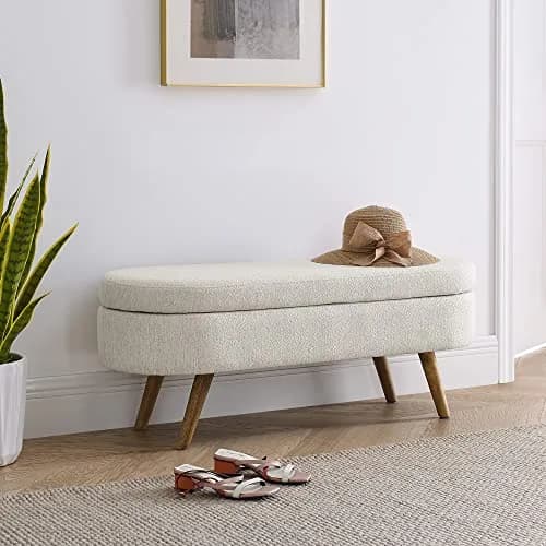 Acosure Upholstered Storage Ottoman with Rubber Wood Legs | Beige, 43.5x16x16 in thumbnail 6