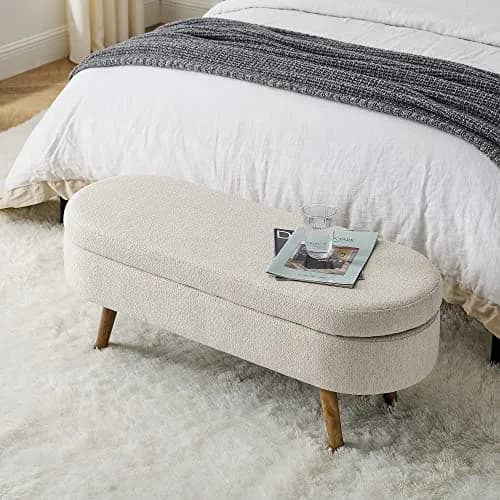 Acosure Upholstered Storage Ottoman with Rubber Wood Legs | Beige, 43.5x16x16 in thumbnail 7