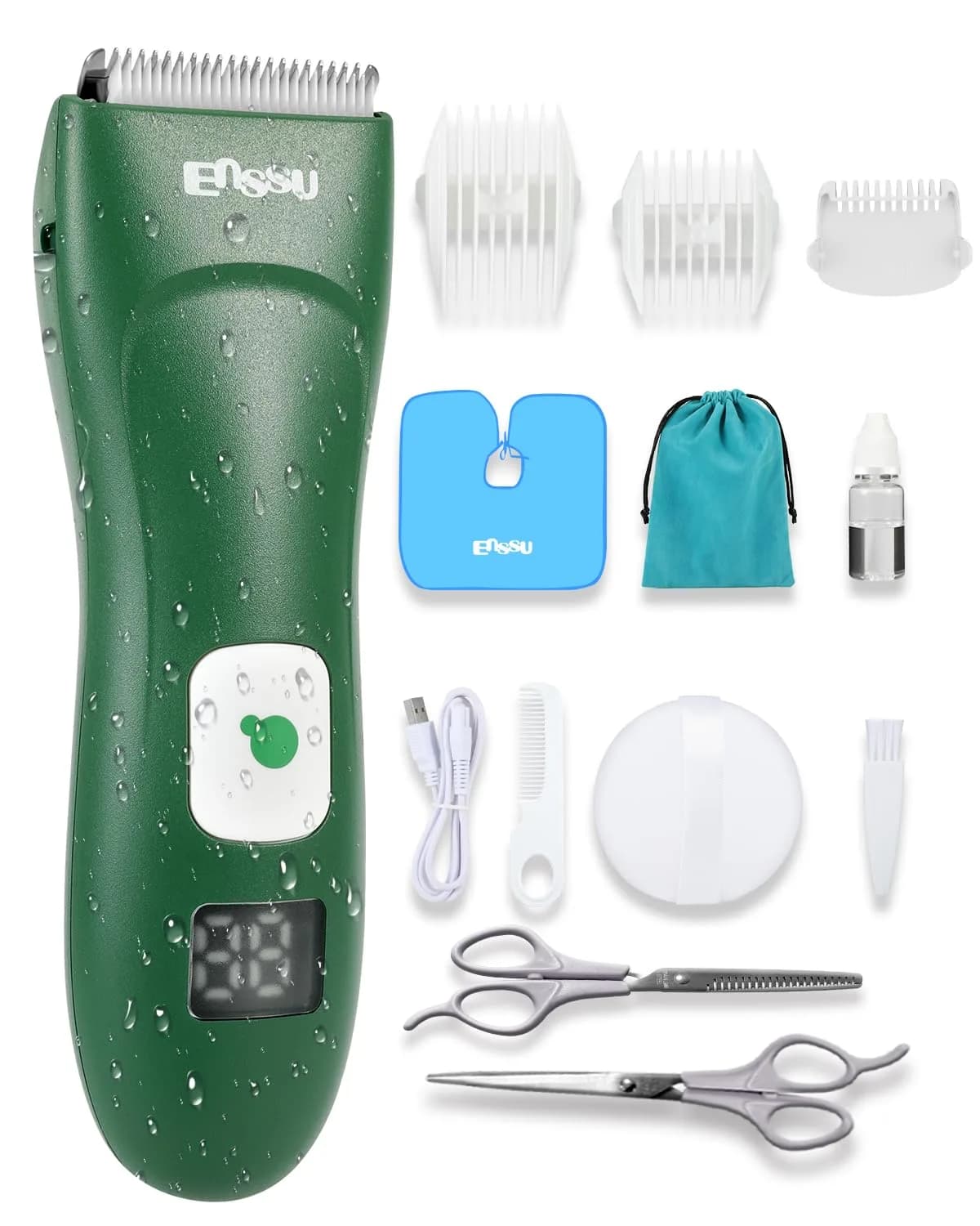 ENSSU Baby Hair Clippers Cordless Hair Clipper for Kids with LED Display, 3-12mm Combs & Accessories — Deep Green