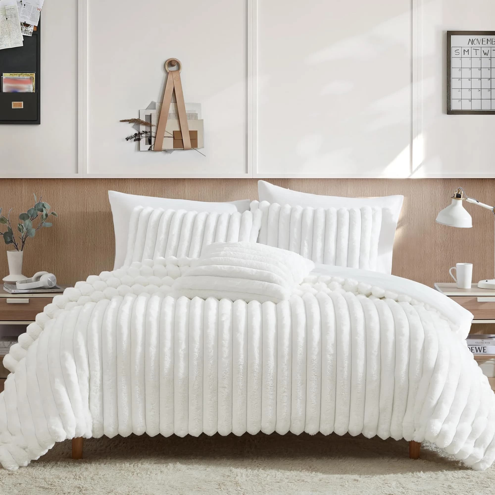 Riverbrook Home Everett Faux Fur Comforter Bedding Set Twin XL | Modern Glam Textured Decor — White