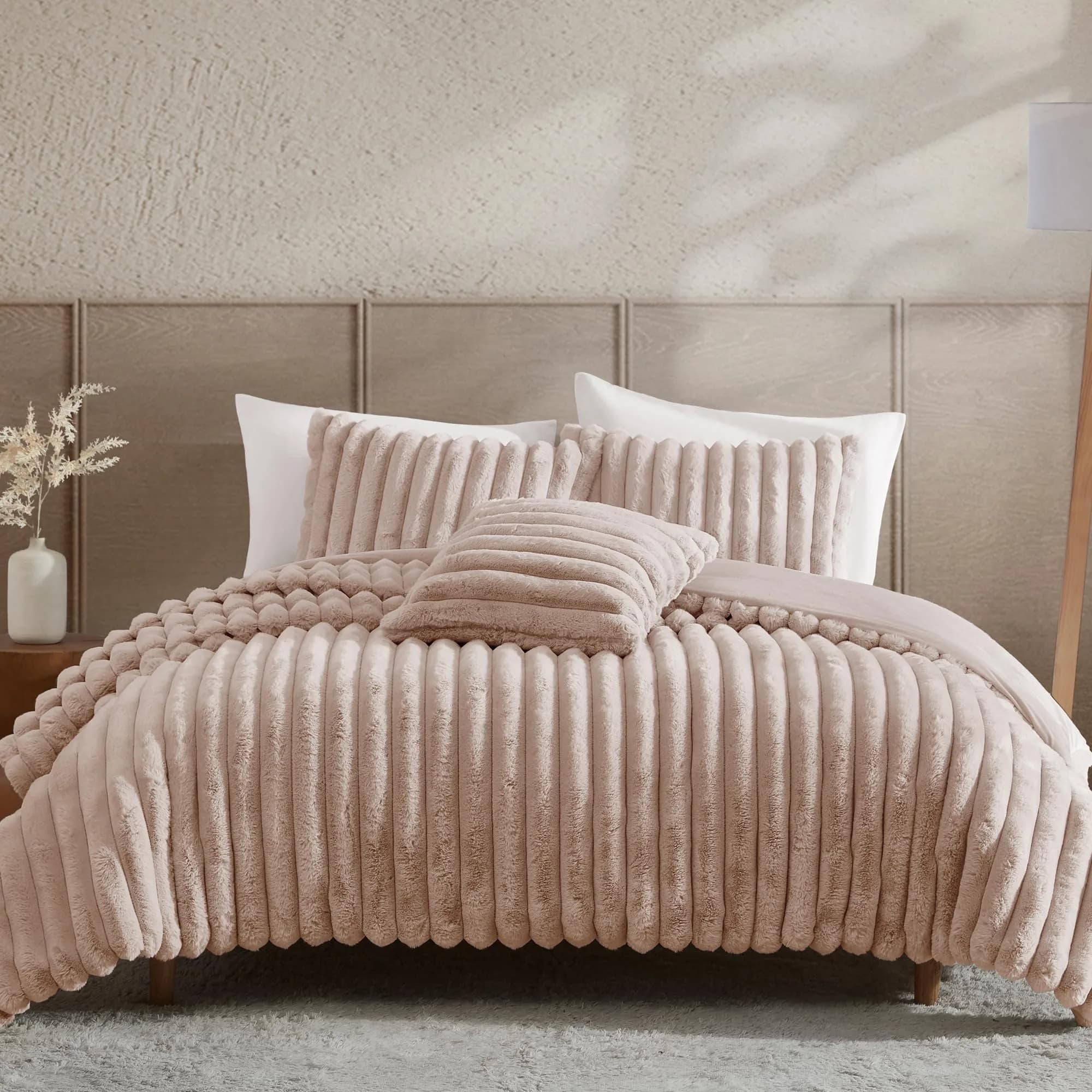 Riverbrook Home Everett Faux Fur Comforter Bedding Set Twin XL | Modern Glam Textured Decor — Blush