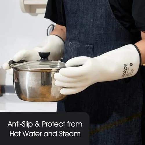 COOLJOB Heat Resistant Oven Gloves, Waterproof BBQ Mitts, White, Medium (1 Pair) thumbnail 5
